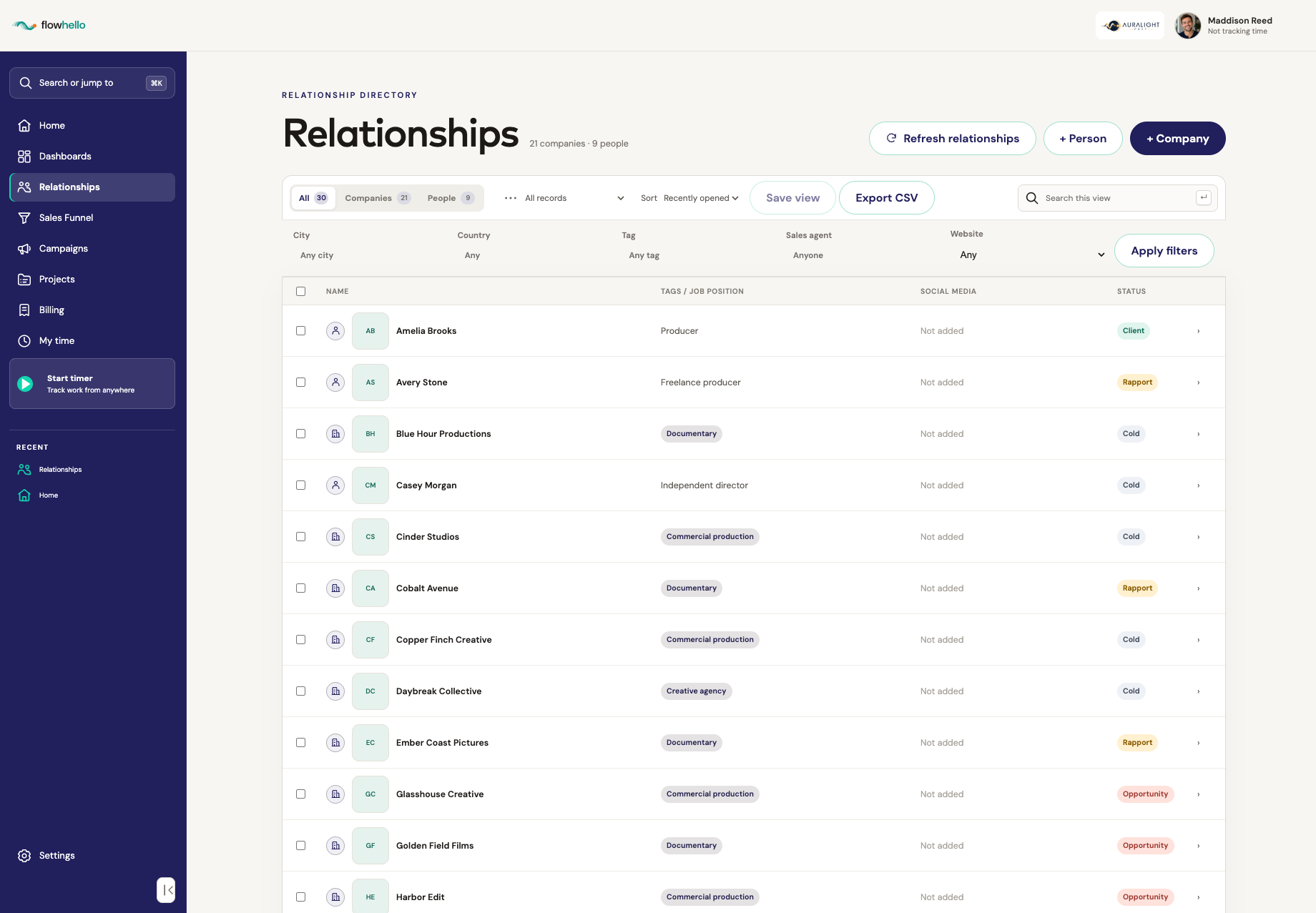 FlowHello CRM relationships screen.