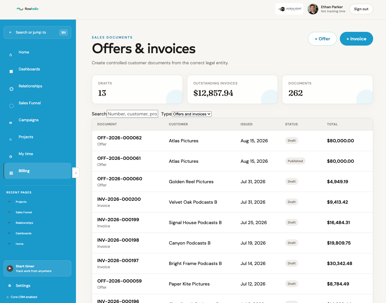 FlowHello CRM sales documents view with offers and invoices.