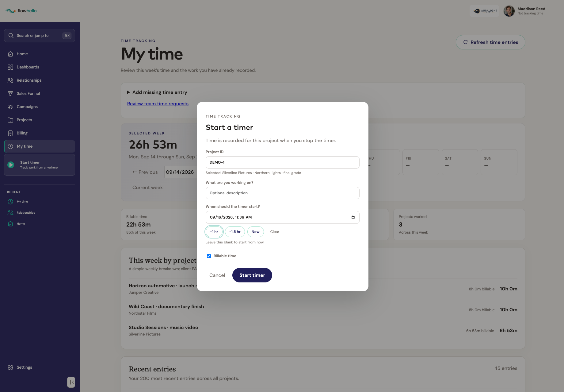 FlowHello time tracking screen.
