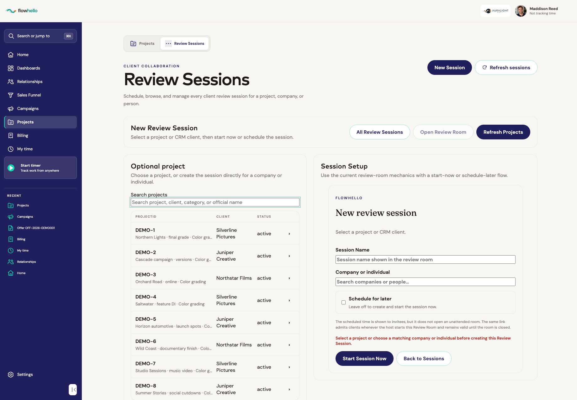 FlowHello Live Review Sessions screen for scheduling and managing client reviews.